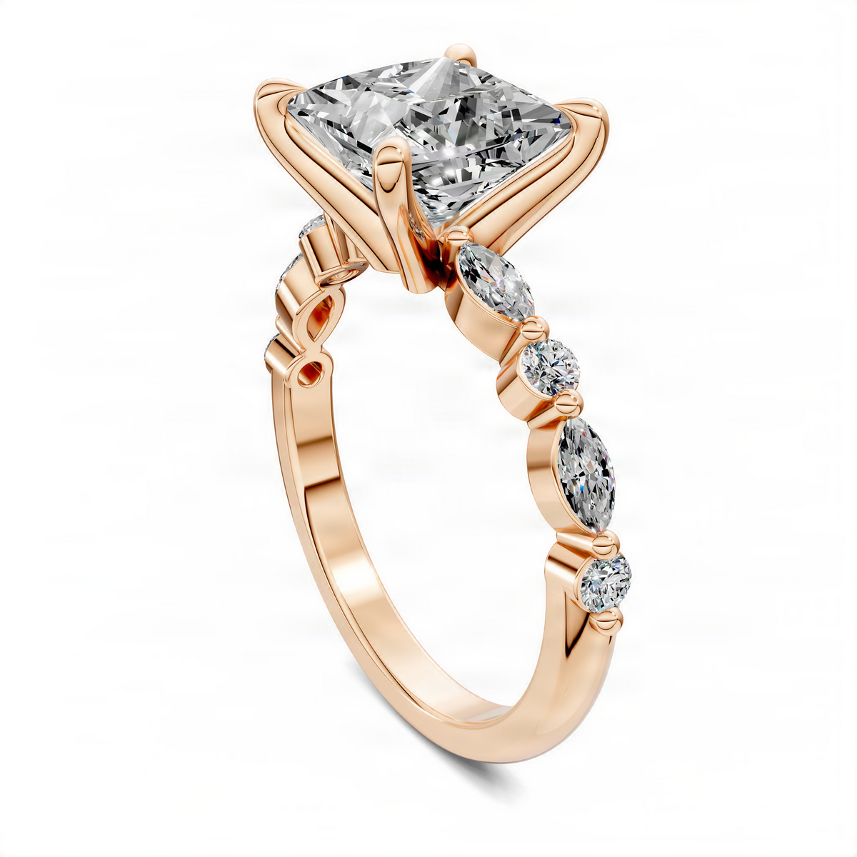 Rose gold princess-cut accent ring with oval and round diamond-style stones