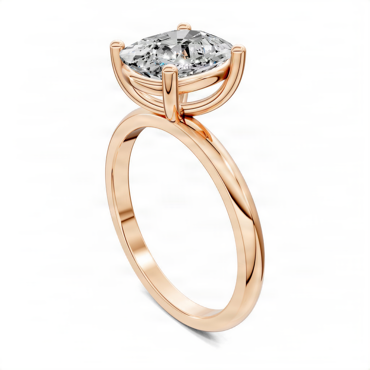 Rose gold solitaire engagement ring with cushion-cut diamond, side view