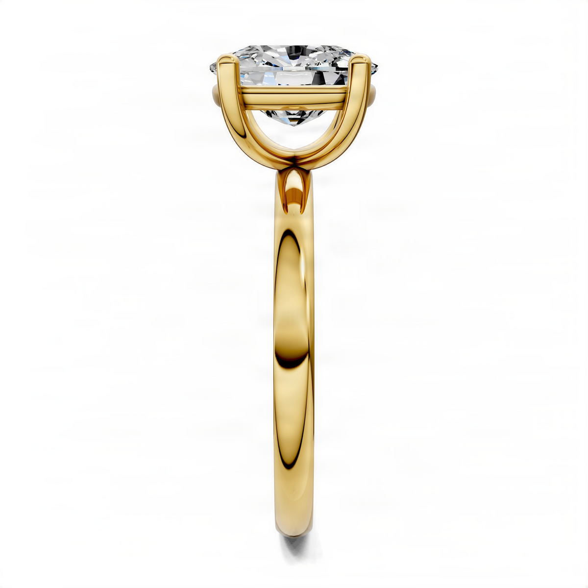 Yellow gold solitaire engagement ring side view with round center diamond in prongs