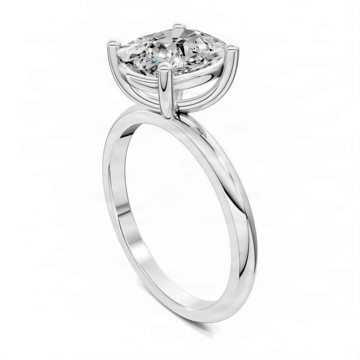 White gold solitaire engagement ring with round center diamond and curved open band