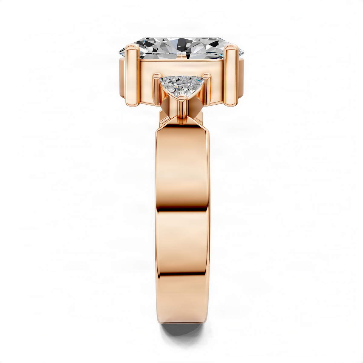 Rose gold engagement ring with prong-set center diamond and channel-set side stones