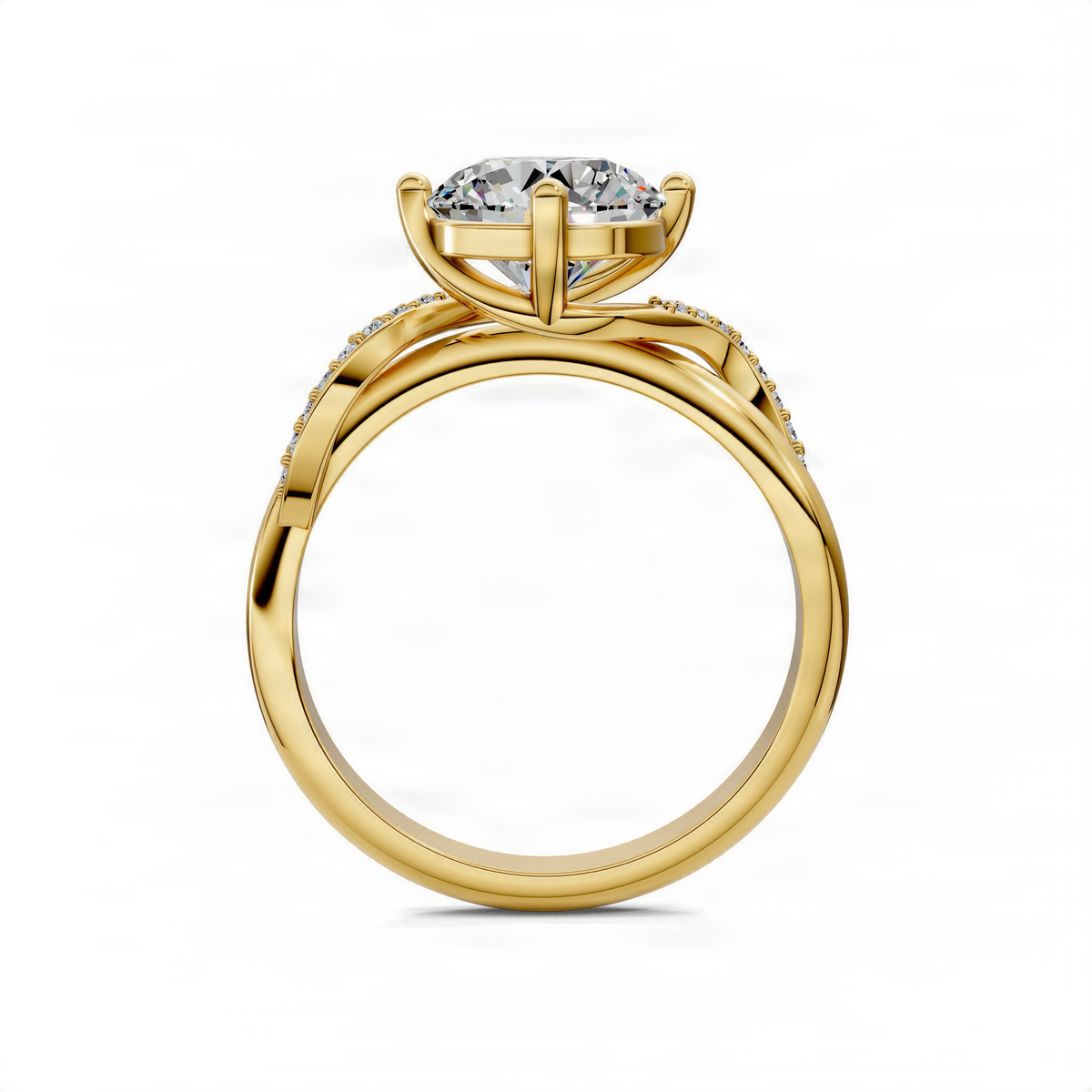 Yellow gold round center engagement ring with twisted pave band and side stones