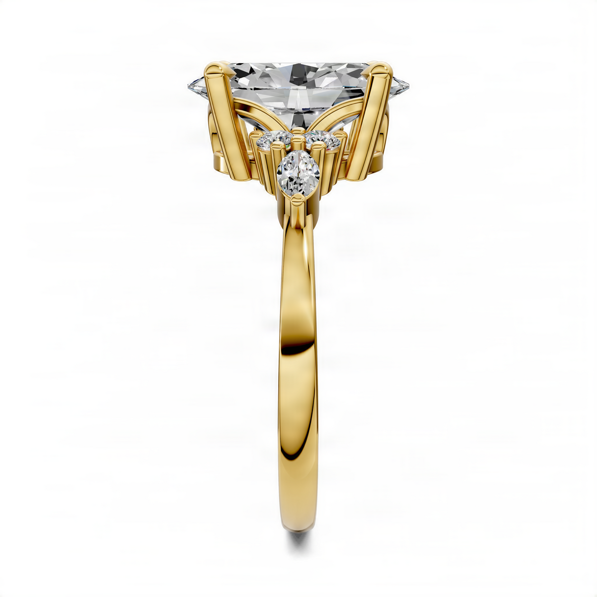 14K yellow gold ring with large center diamond and three-stone side accents