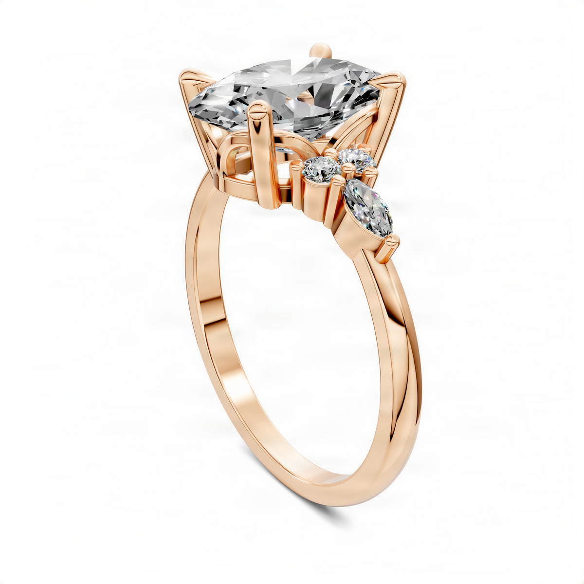 Rose gold diamond cluster engagement ring with large oval center stone and side diamonds