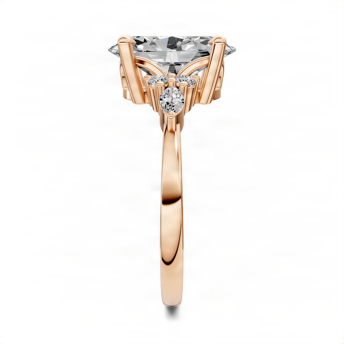 Rose gold diamond cluster ring with large center diamond and three-stone side accents
