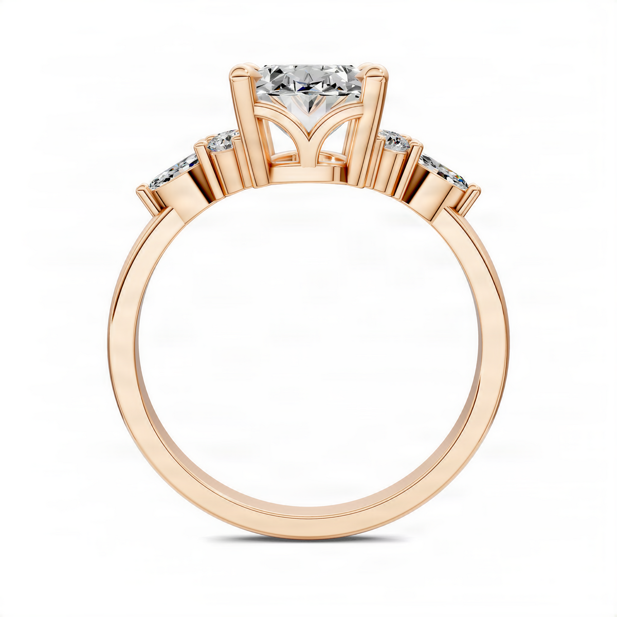 Rose gold diamond cluster ring with large center stone and small side diamonds