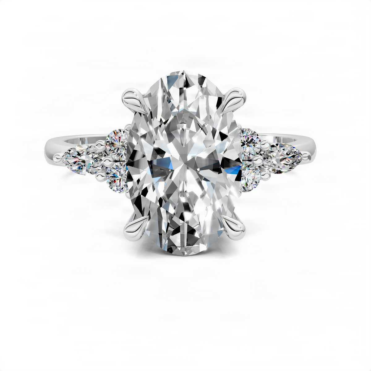 White gold diamond cluster ring with large oval center stone and round side diamonds