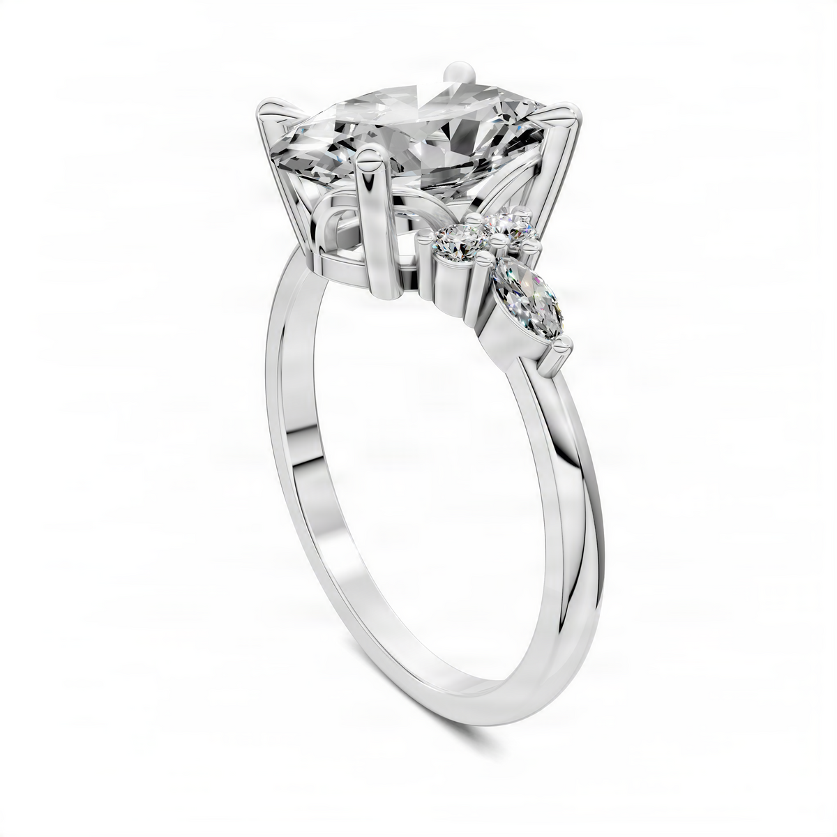 White gold diamond cluster engagement ring with large oval center stone and side diamonds