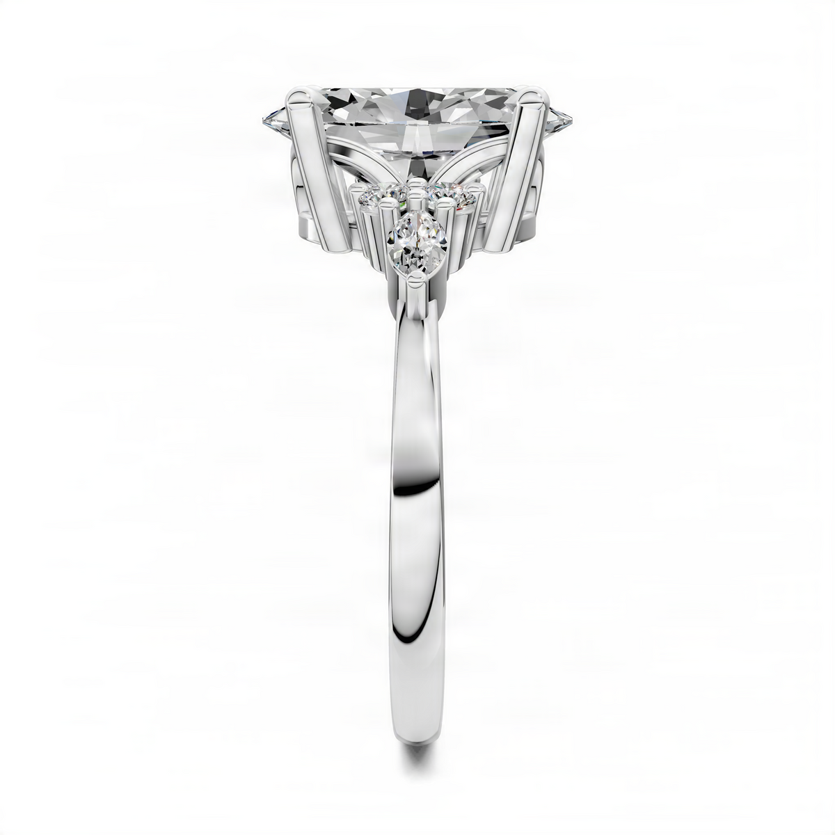 Diamond cluster ring with round center stone and four side prongs, white metal band