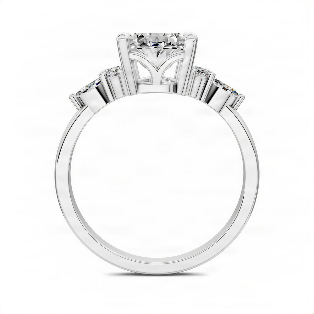 Diamond cluster ring showing centered rectangular stone and channel-set side diamonds, white metal