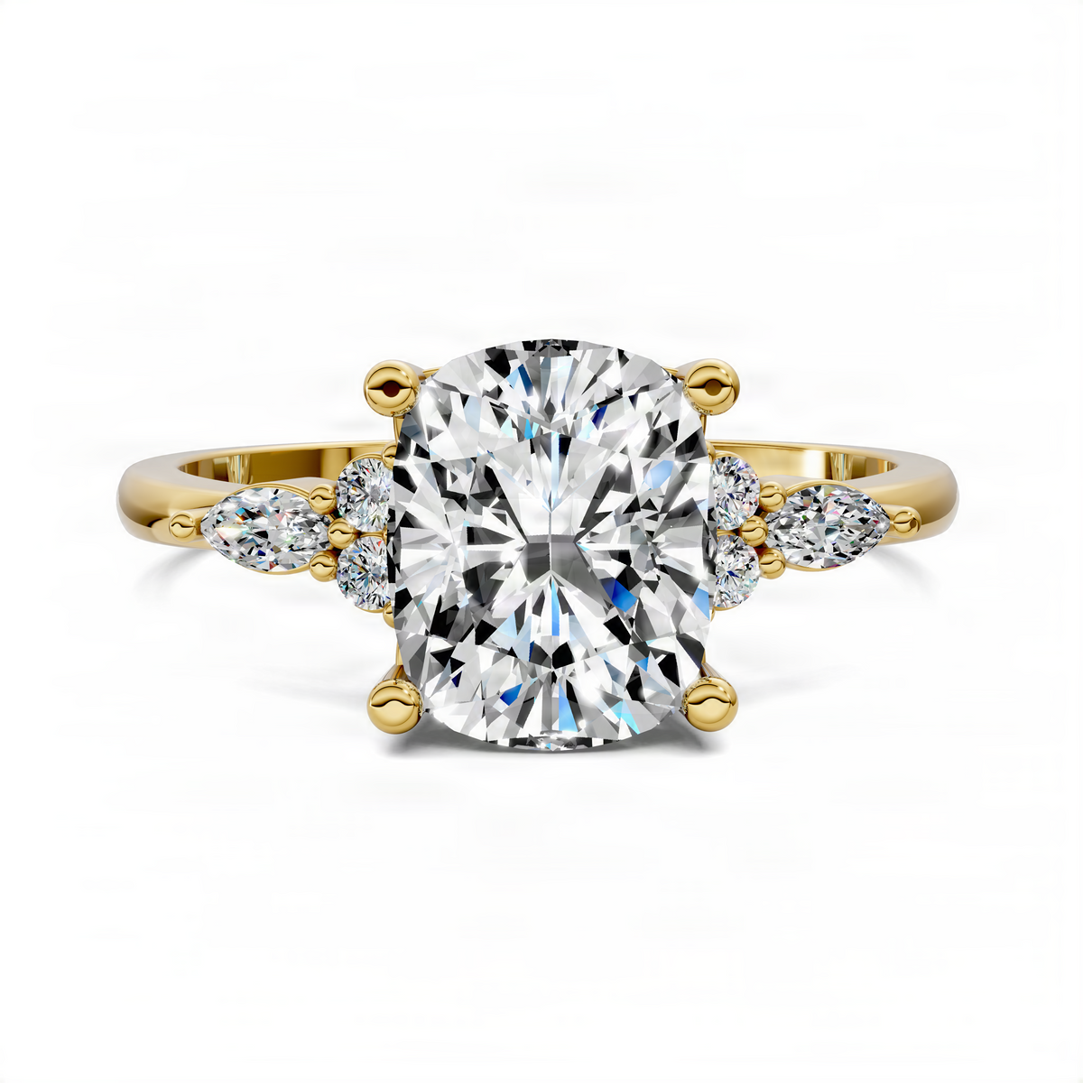 Petite diamond cluster ring in yellow gold with cushion-cut center diamond and side stones