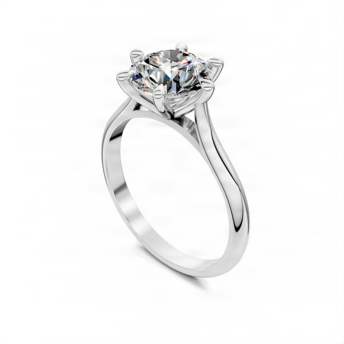 White gold round solitaire six-prong ring with round center diamond, angled view