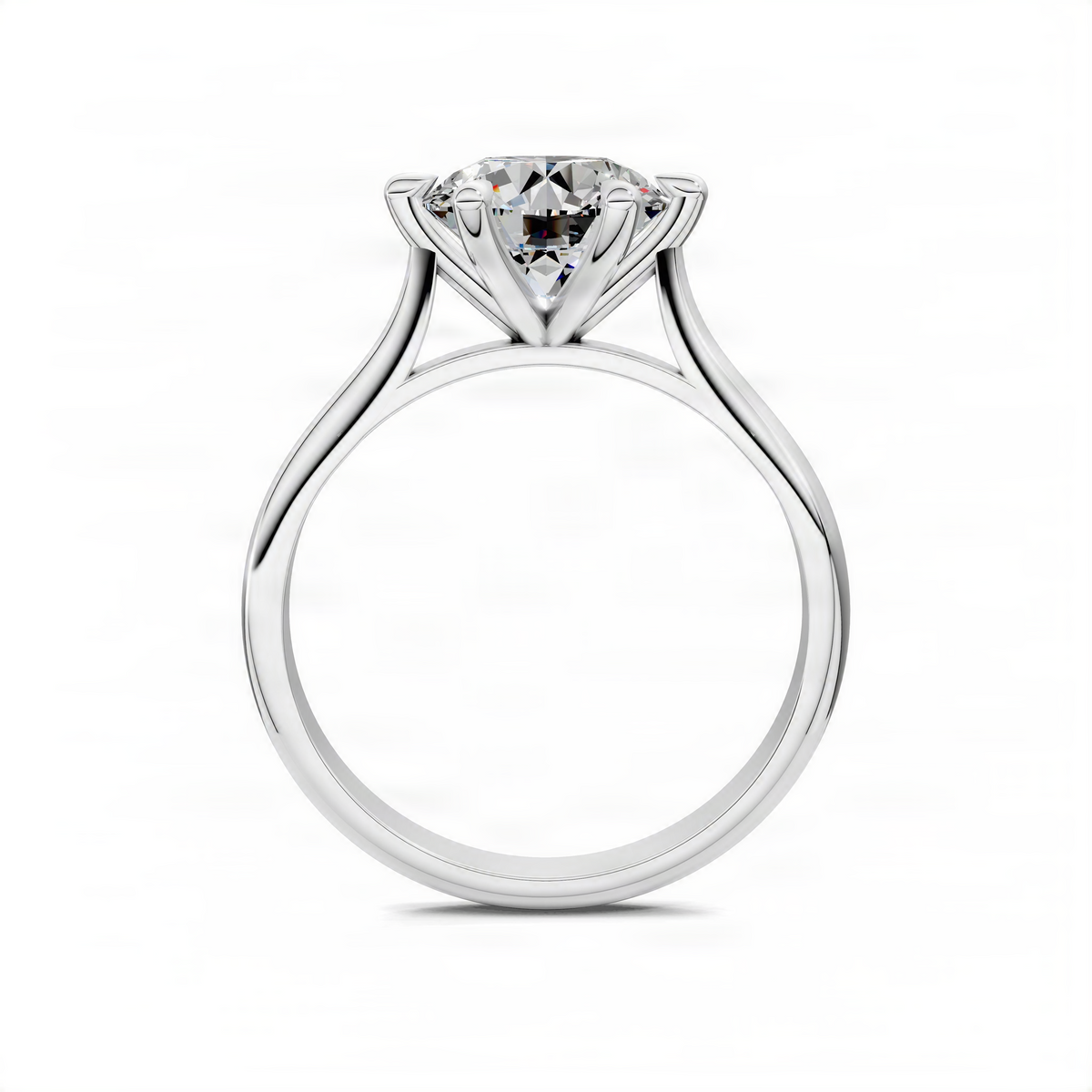 White gold round solitaire six-prong ring with round center diamond, front view