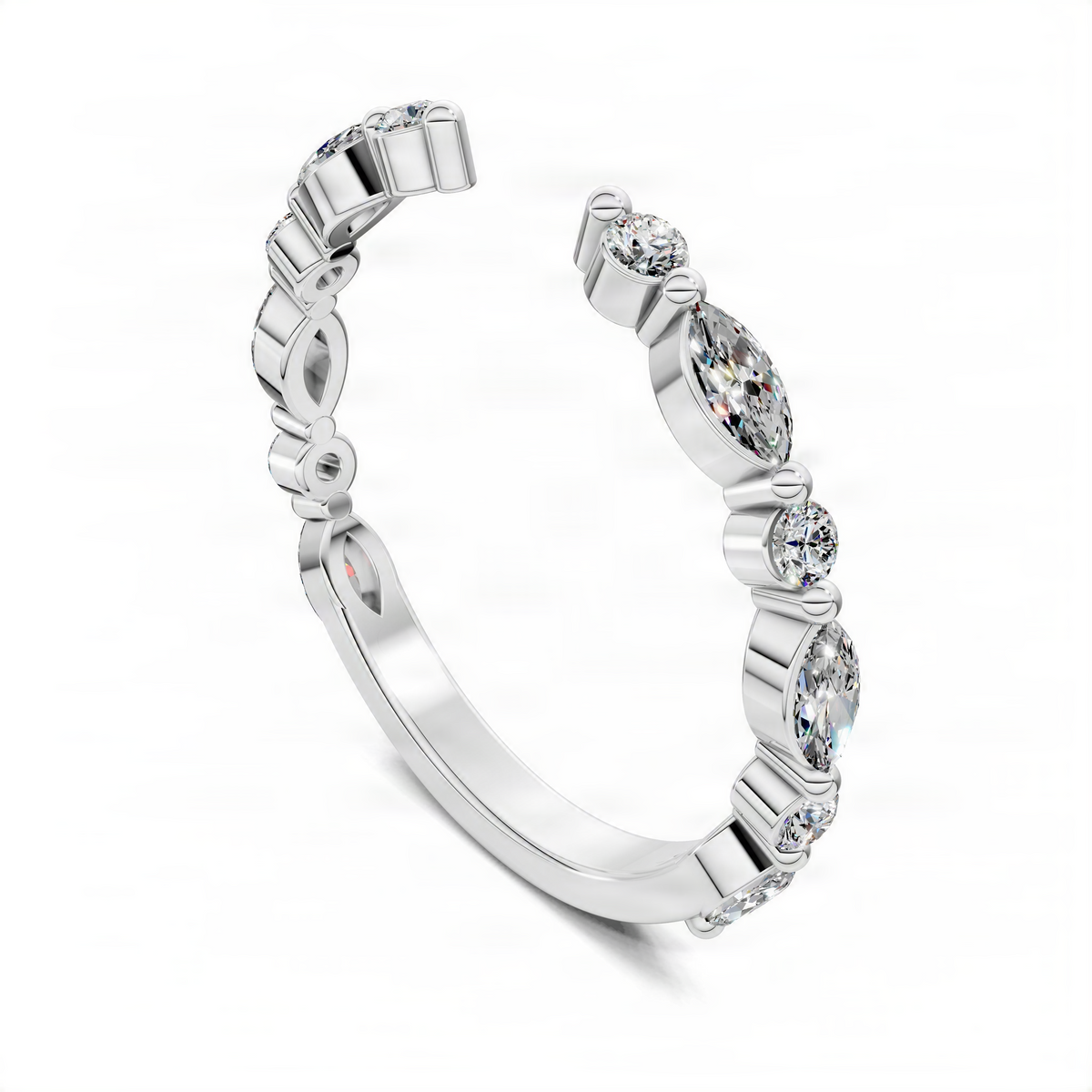 White gold open diamond ring with round and marquise diamonds along the arc