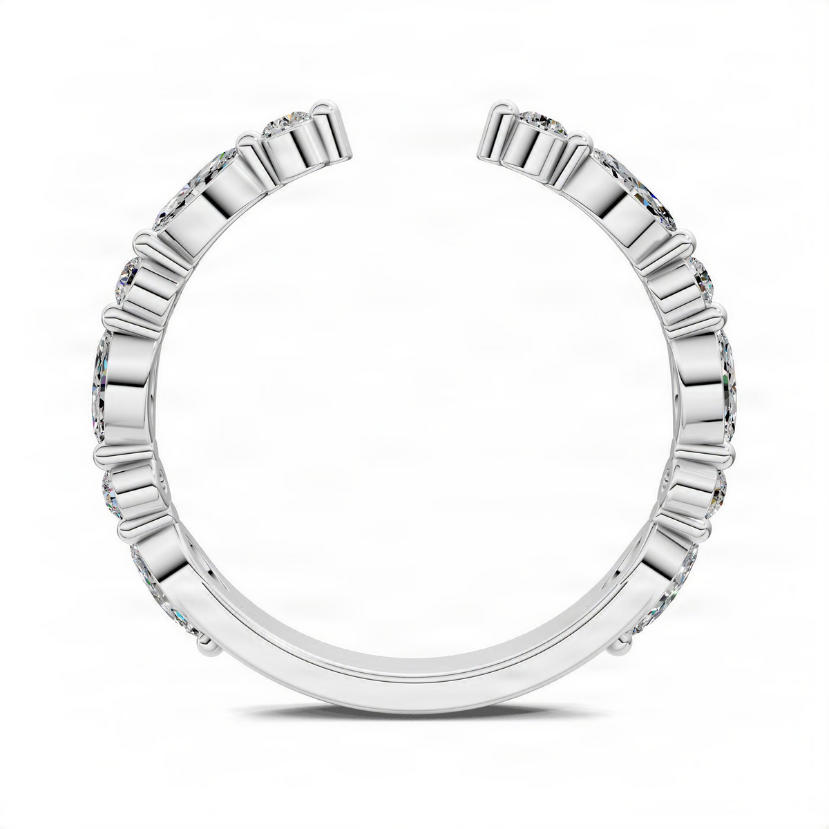 Open bezel-style diamond ring band with round stones and marquise accents