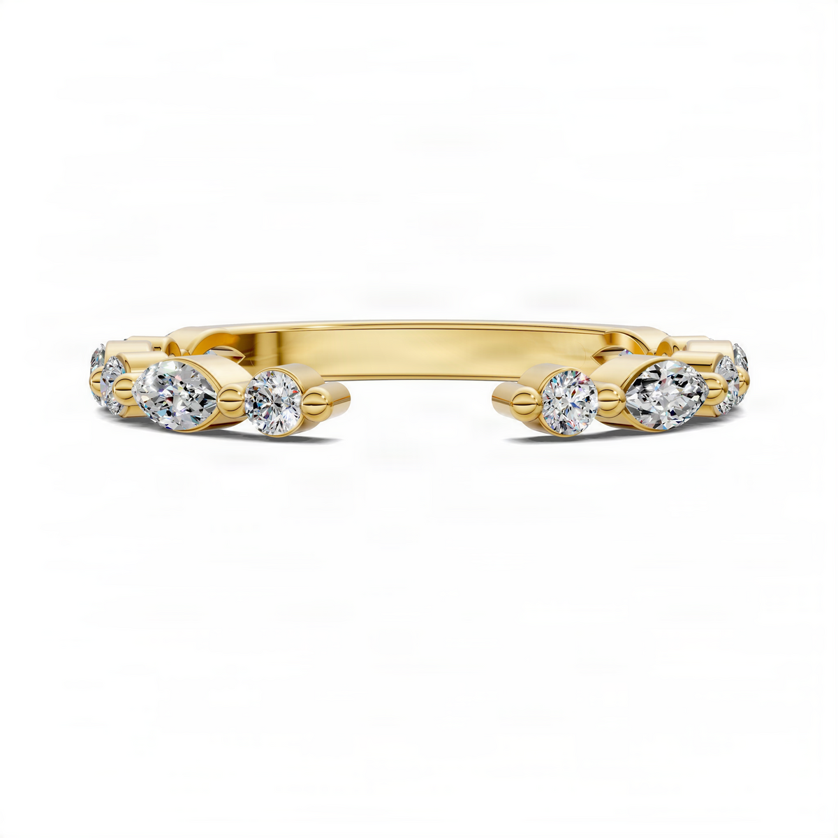 Yellow gold open diamond ring with round and marquise stones across the band