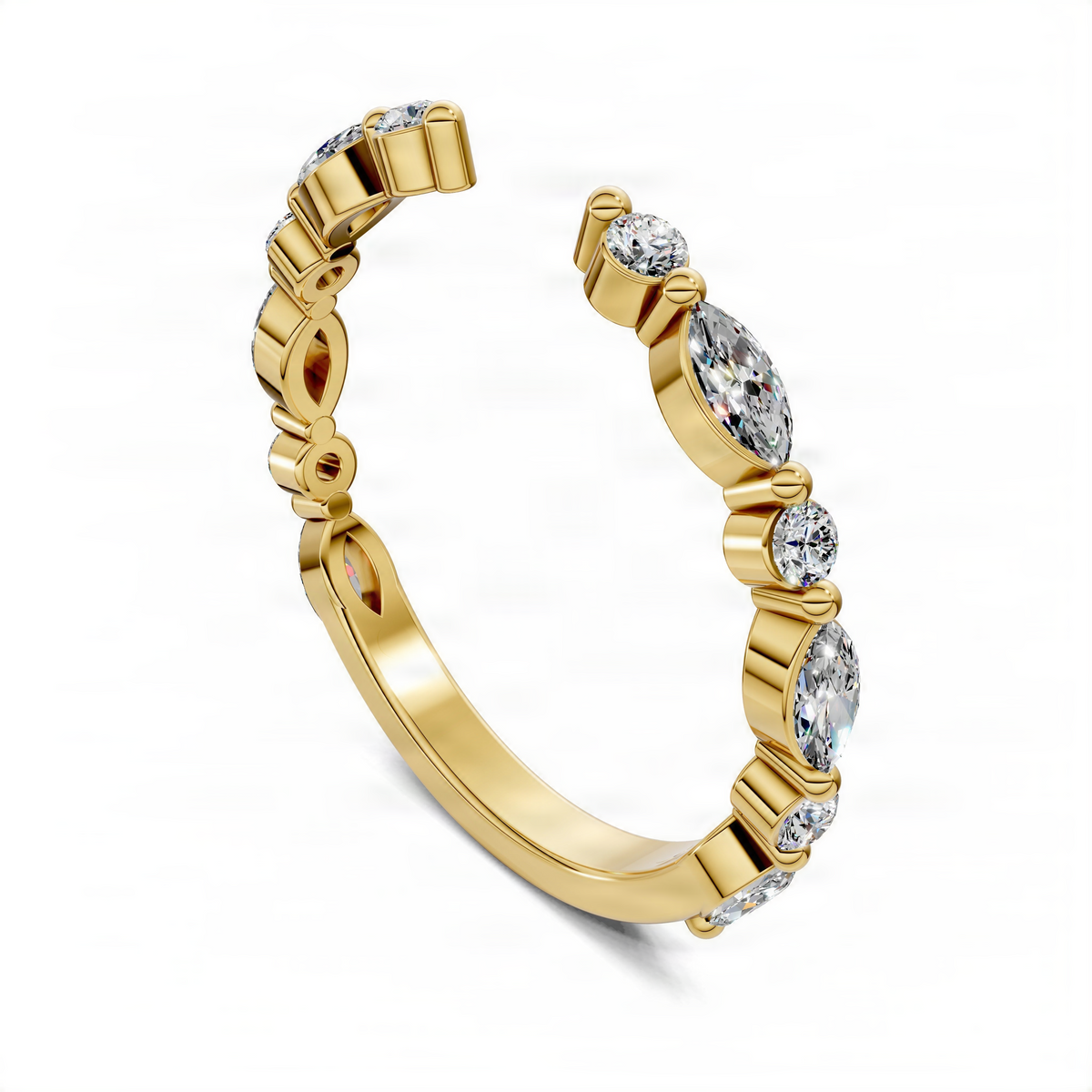 Yellow gold open diamond ring with round and marquise diamonds in bezel-like prongs