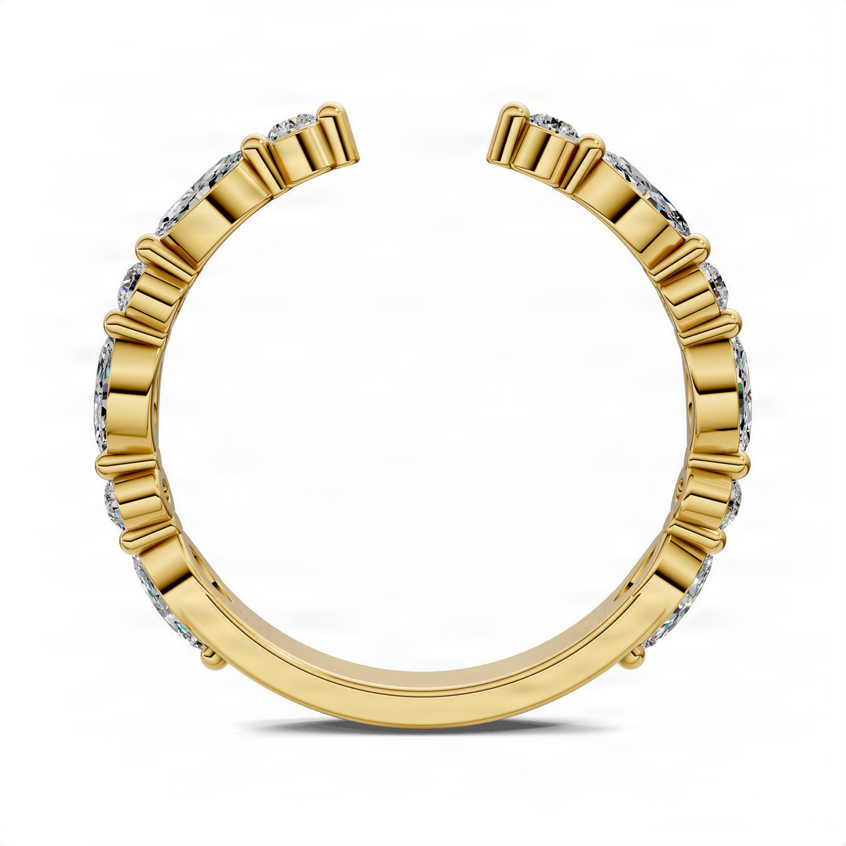 Yellow gold open diamond ring with marquise and round diamond stones on the band