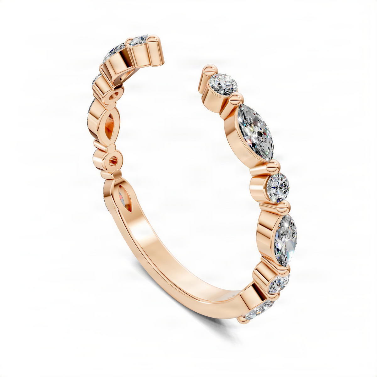 Rose gold open diamond ring featuring round and marquise diamonds along the band