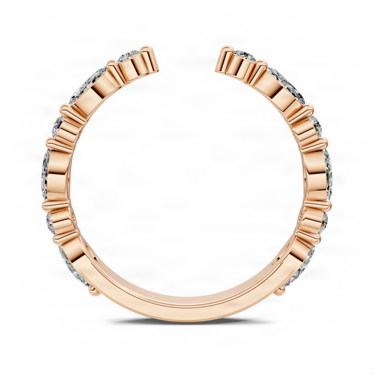 Rose gold open diamond ring with round and marquise diamond stones on the band