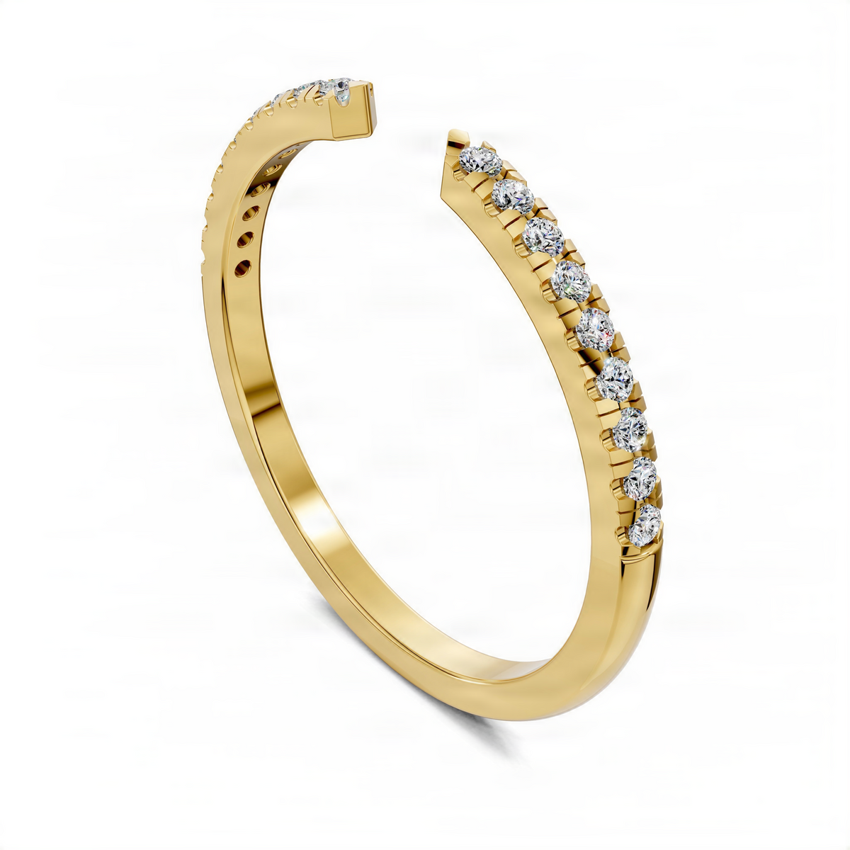 Yellow gold open scalloped diamond ring with round diamonds, angled view