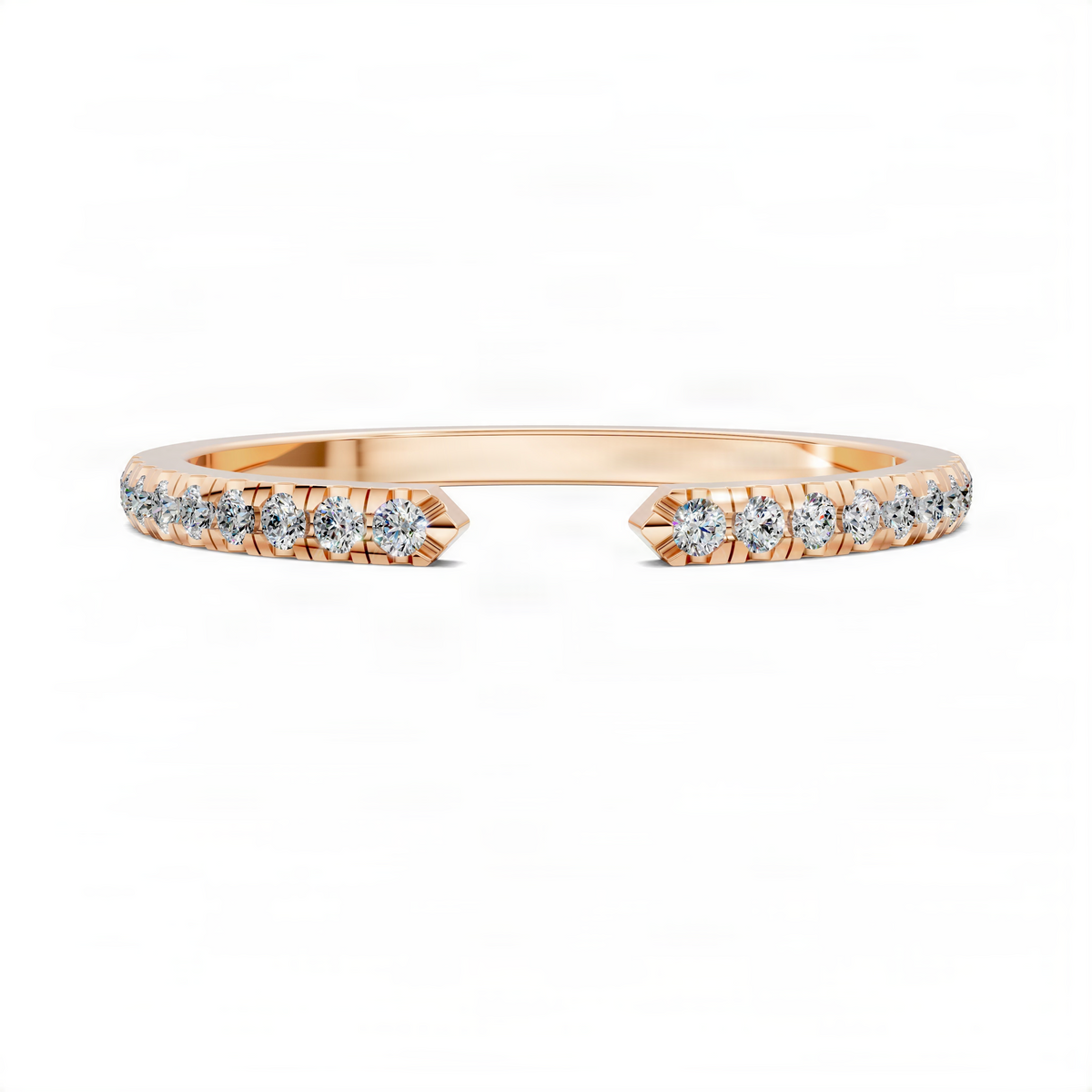 Rose gold open scalloped diamond ring, horizontal view with small round diamonds