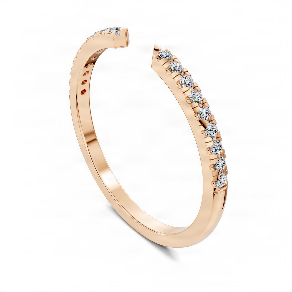 Rose gold open scalloped diamond ring with round diamonds, angled view
