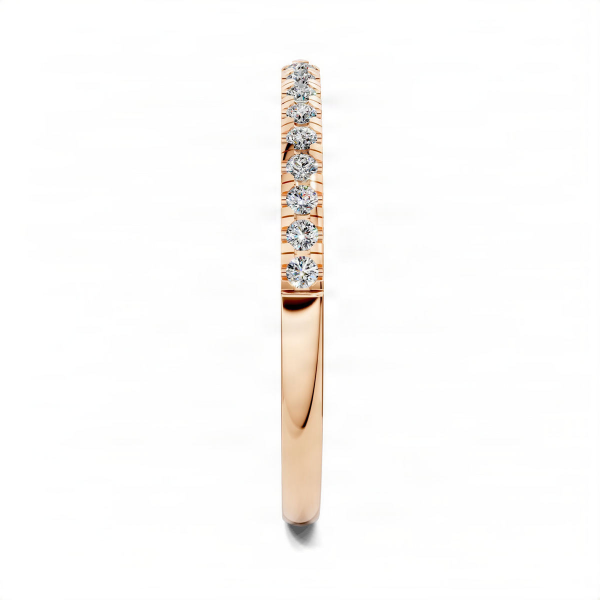 Rose gold open scalloped diamond ring, side view with round diamond set detail