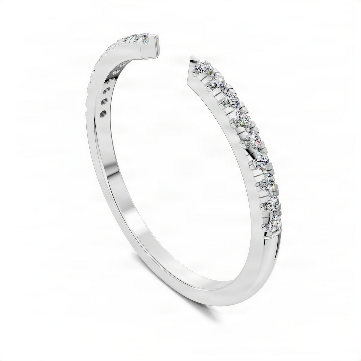 White gold open scalloped diamond ring with round diamonds, angled view