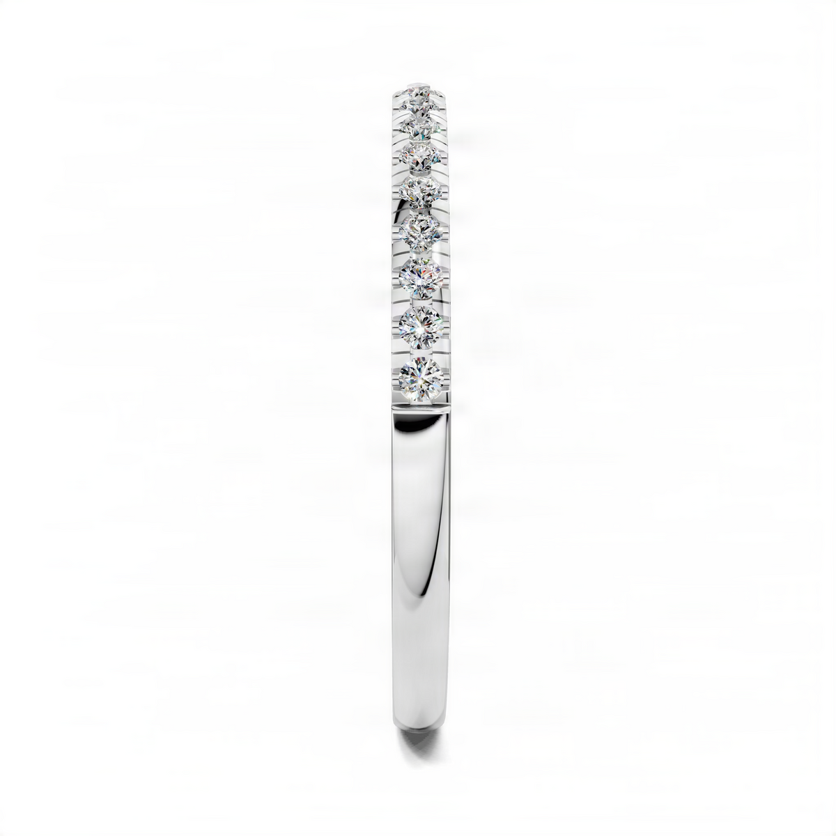 Petite open scalloped diamond ring with vertical row of round stones on silver-tone band