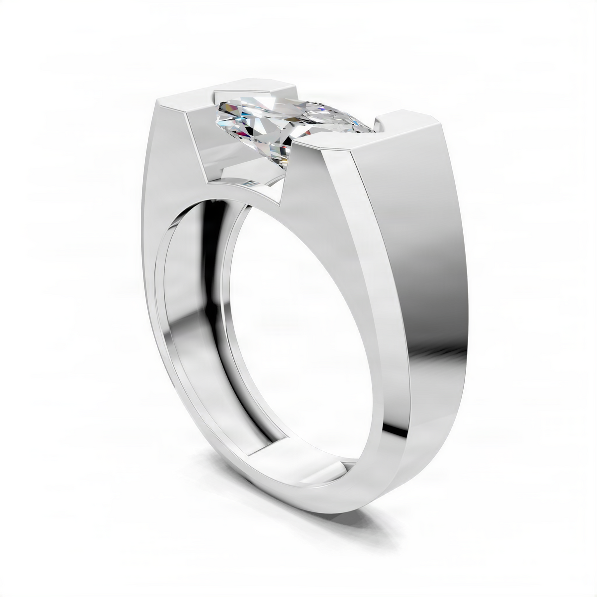 White gold engagement ring with clear square-cut center gemstone on prongs