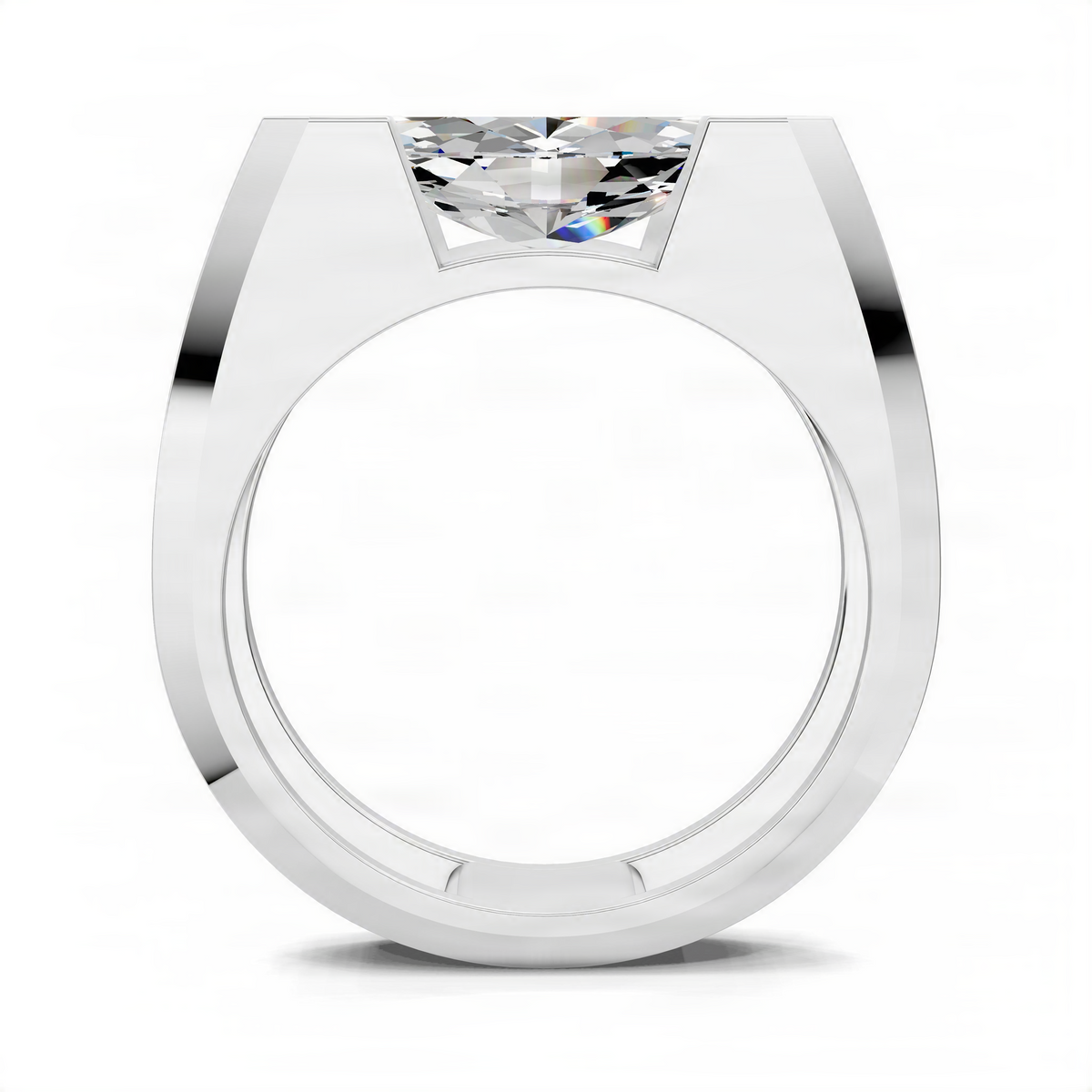 White gold engagement ring top view with square-cut gemstone setting