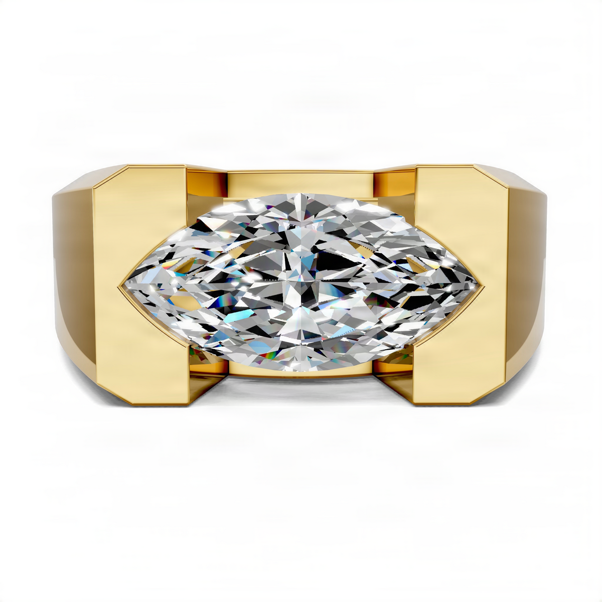 Yellow gold engagement ring with marquise-cut center diamond and geometric bezel