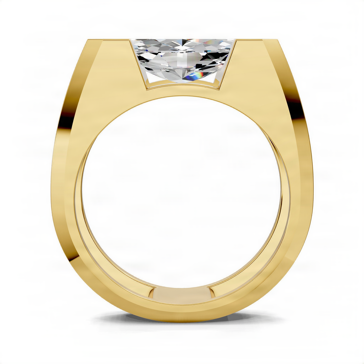 Yellow gold engagement ring top view with square-cut center gemstone setting