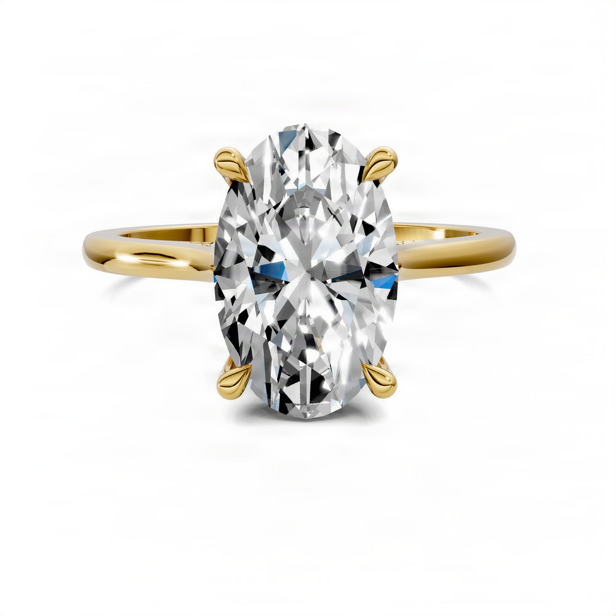 Yellow gold engagement ring with oval center stone and hidden halo side details