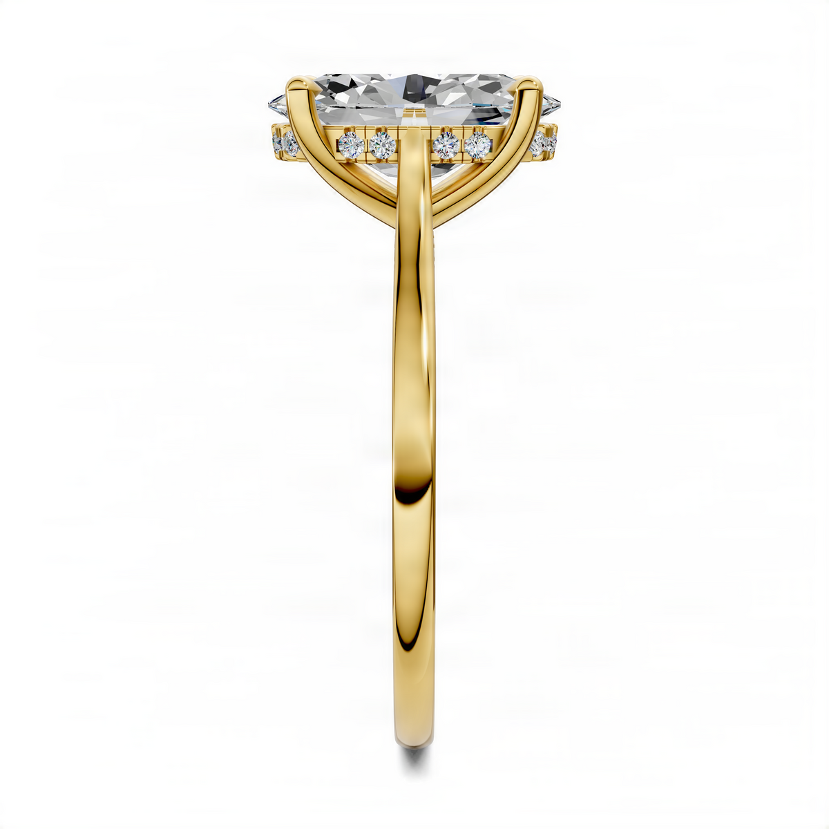 Yellow gold ring with oval center stone, pave bridge, hidden halo