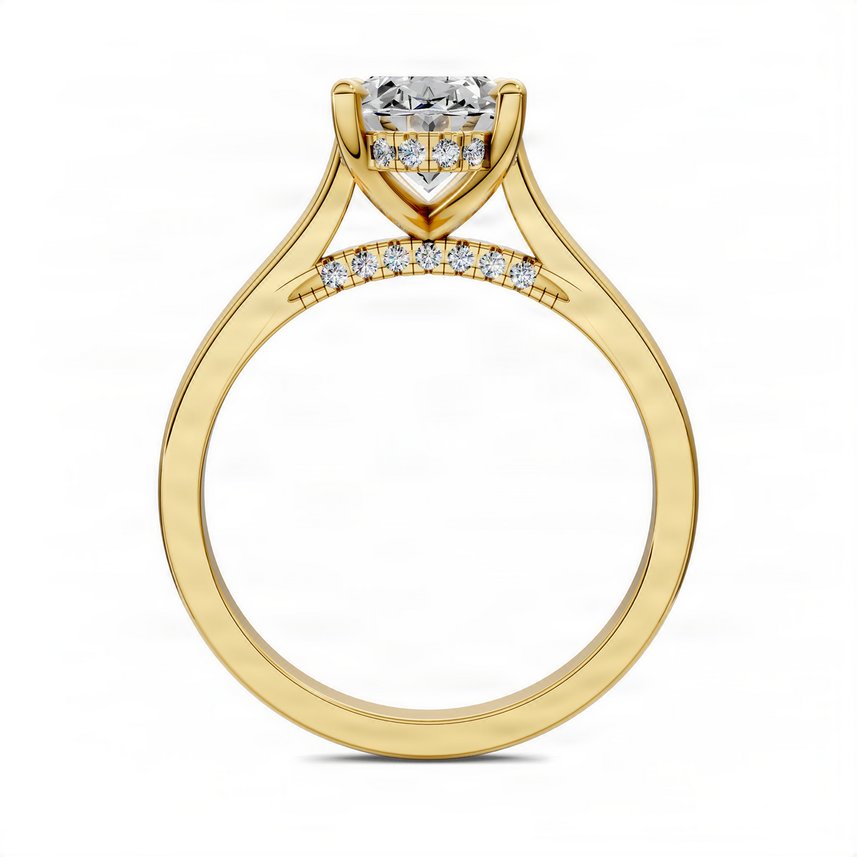 Yellow gold ring with round center stone, pavé bridge, and hidden halo