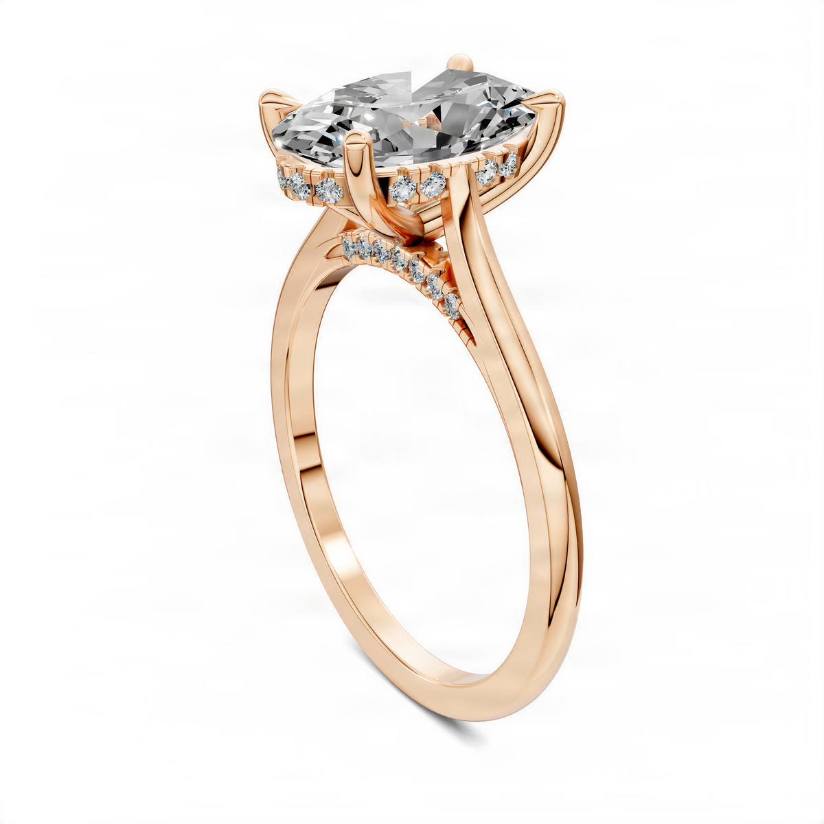Rose gold pavé engagement ring with oval center stone and hidden halo