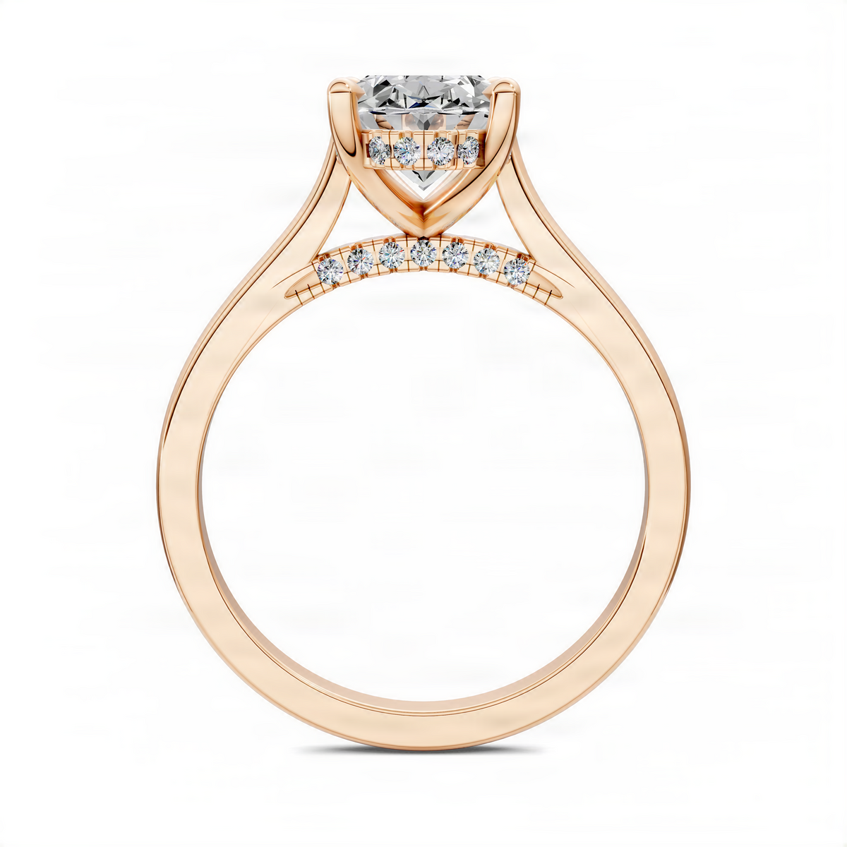 Rose gold ring with square center stone, curved pave bridge and halo
