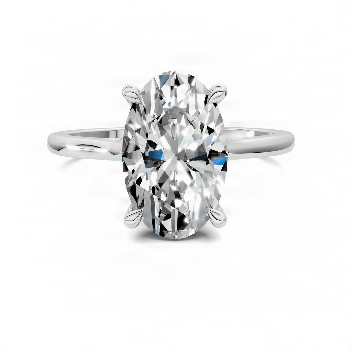 Oval-cut ring with hidden halo and pavé bridge in white metal