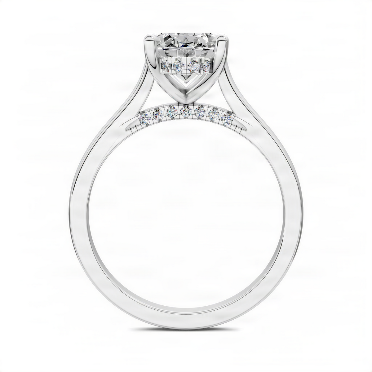 Pavé ring with hidden halo and bridge setting, white metal