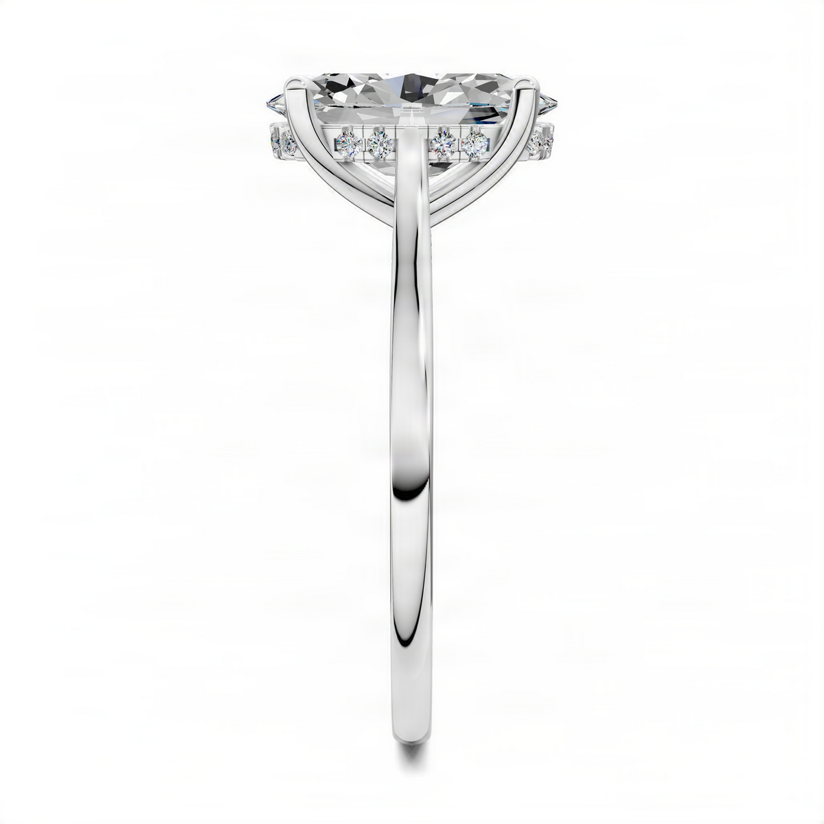 Platinum oval center diamond ring with bridge pave and hidden halo