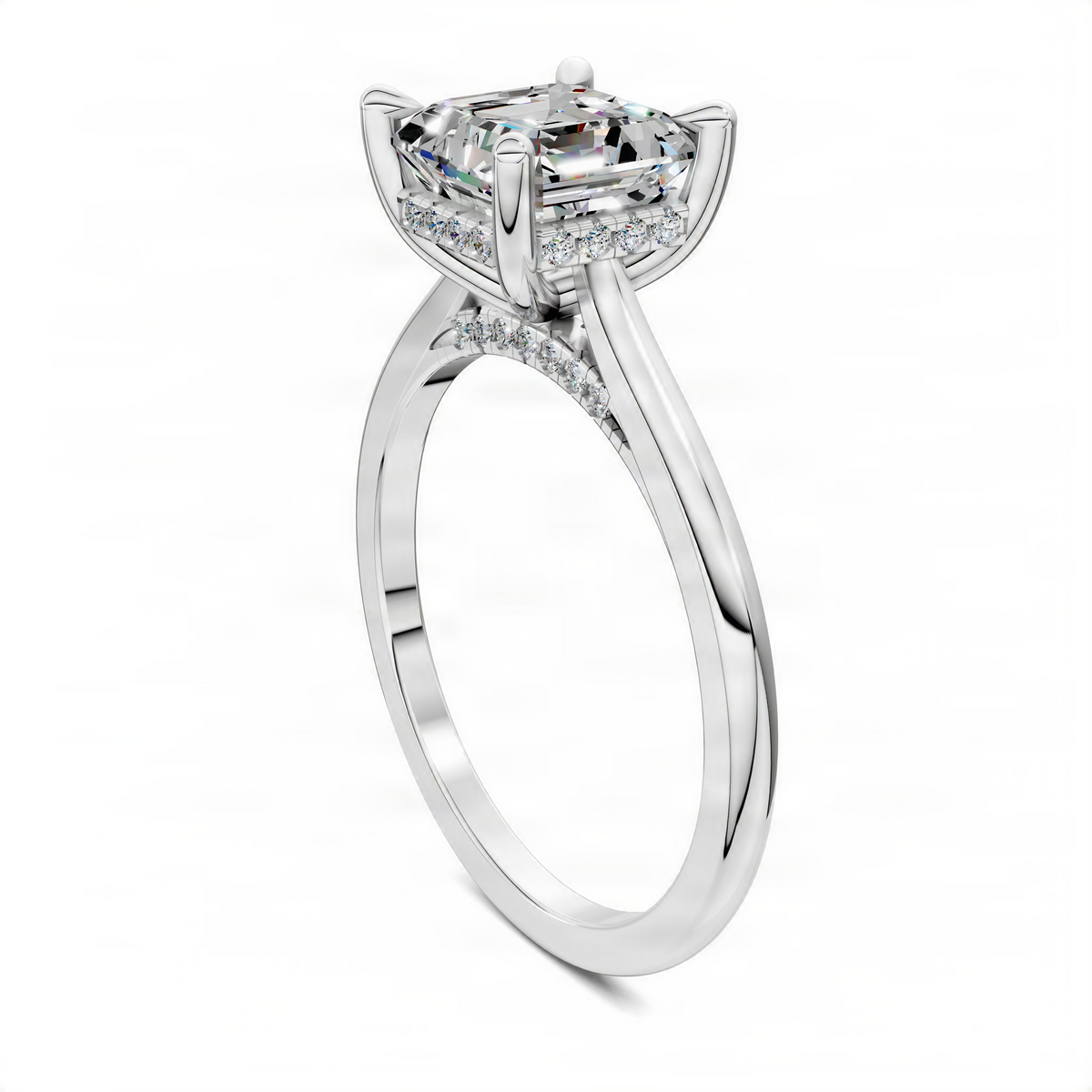 Petite Asscher cut diamond halo ring with pave accents, white metal setting