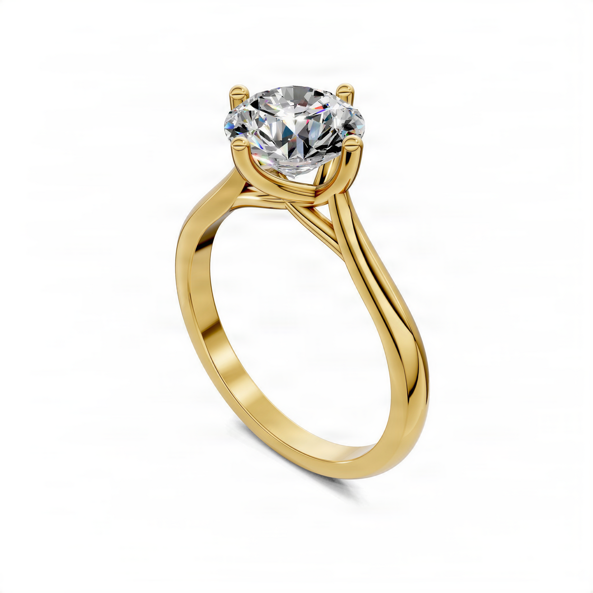 Yellow gold round solitaire engagement ring with crisscross cathedral prongs