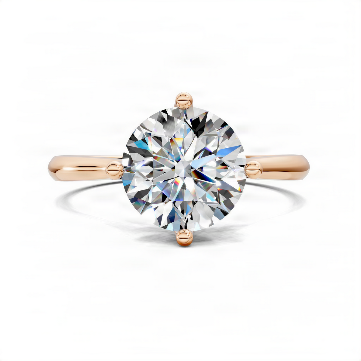 Rose gold round solitaire engagement ring with crisscross cathedral prongs, front view