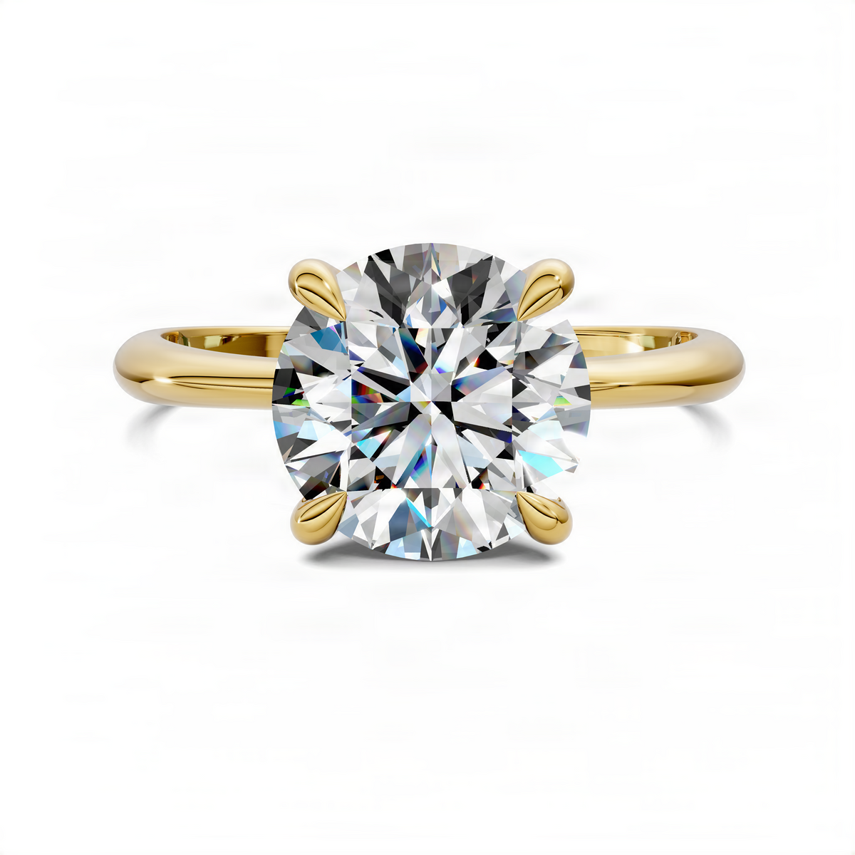 Yellow gold round diamond solitaire ring featuring vine-style side detailing