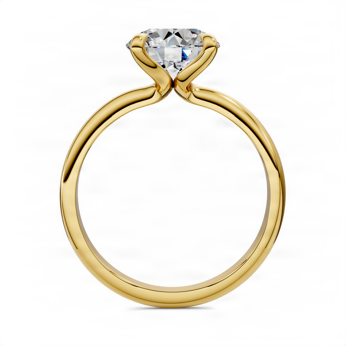 Yellow gold round diamond solitaire ring, vine split prongs on curved band