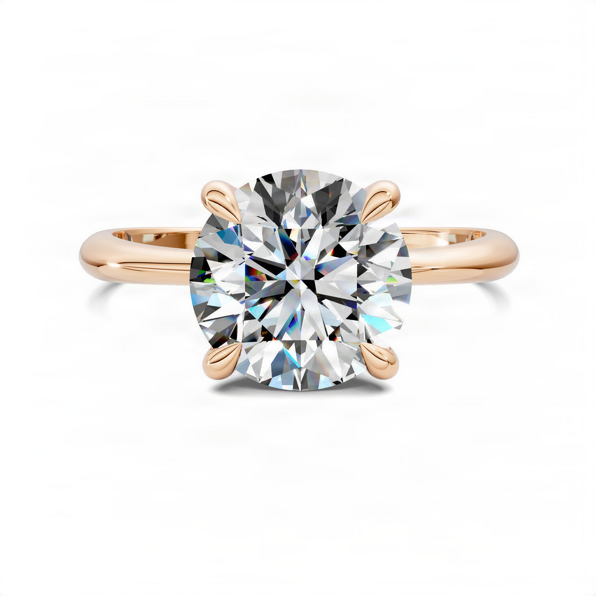 Rose gold round diamond solitaire ring with vine-style split prongs on band