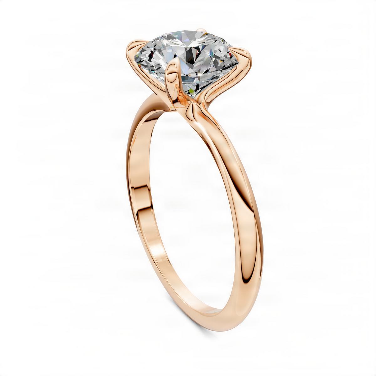 Rose gold round diamond solitaire ring with vine split prongs, angled profile