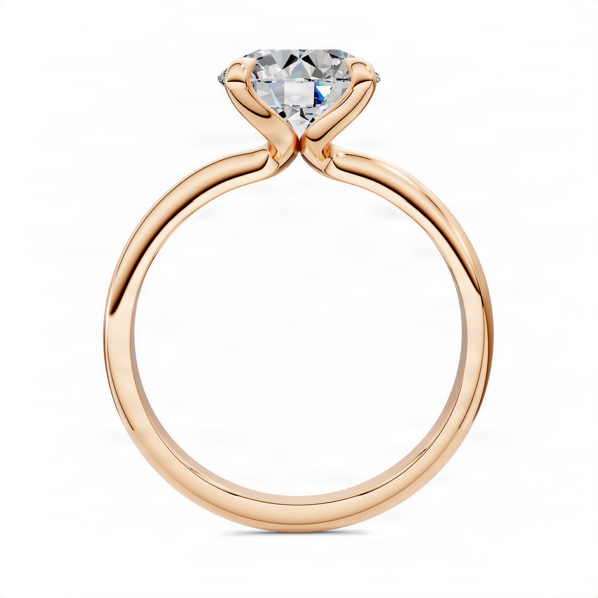 Rose gold round diamond solitaire ring with vine-style split prongs on band